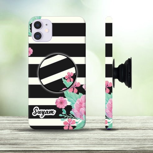 Black Strip Flower Phone Case with Name and Pop Holder