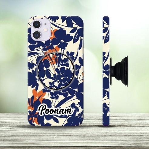 Flower Design Custom Name Mobile Cover with Pop Socket