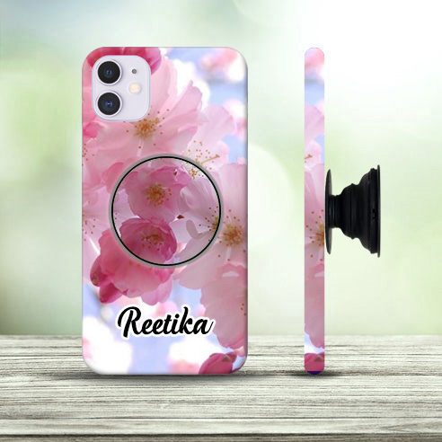 Pink Floral Mobile Cover with Custom Name Pop Holder