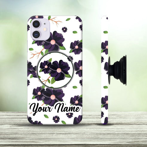 Purple Flower Custom Name Mobile Cover with Pop Socket