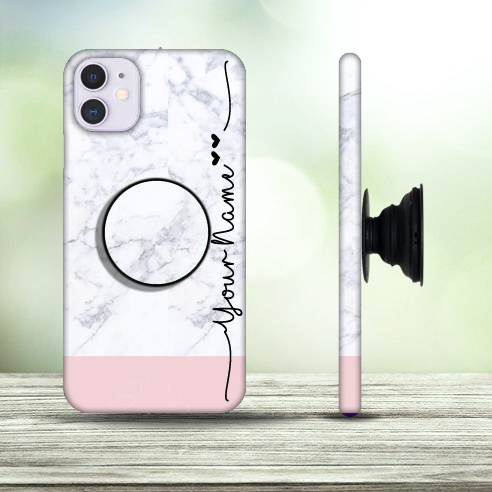 19 – Custom Name White Marble & Pink Phone Case with Pop Holder