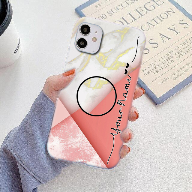 1211 – Peach & White Marble Phone Case with Holder