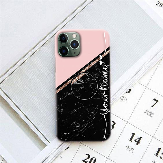 1245 – Custom Name Pink and Black Marble Phone Case with Holder