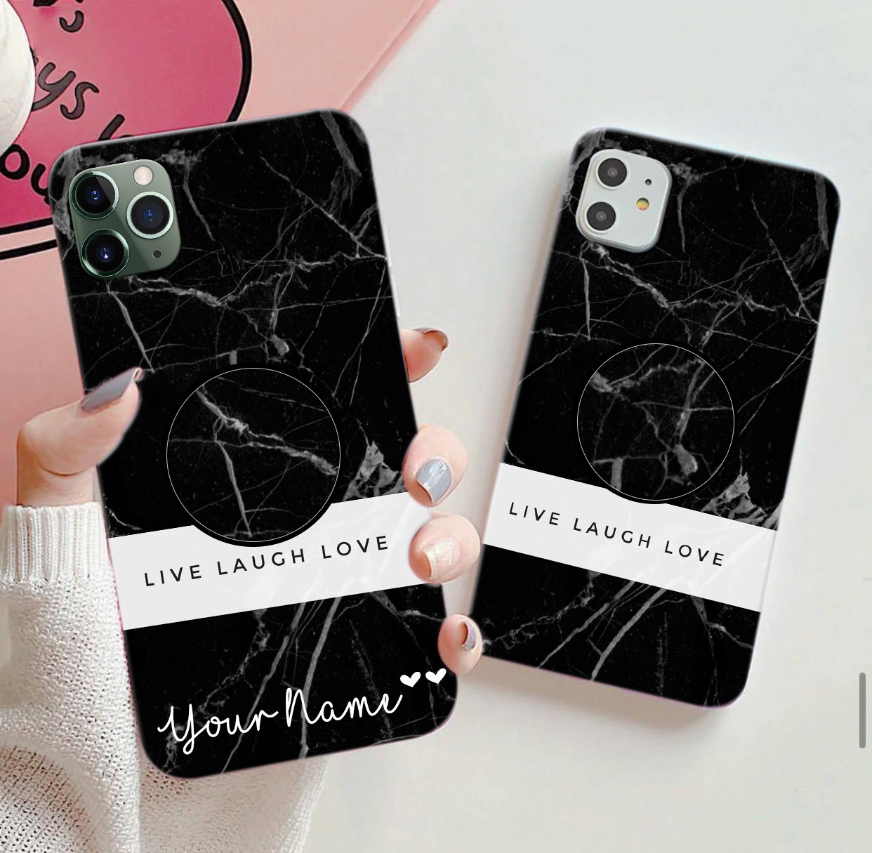 1250 – Live Laugh Love Black Marble Phone Case with Holder